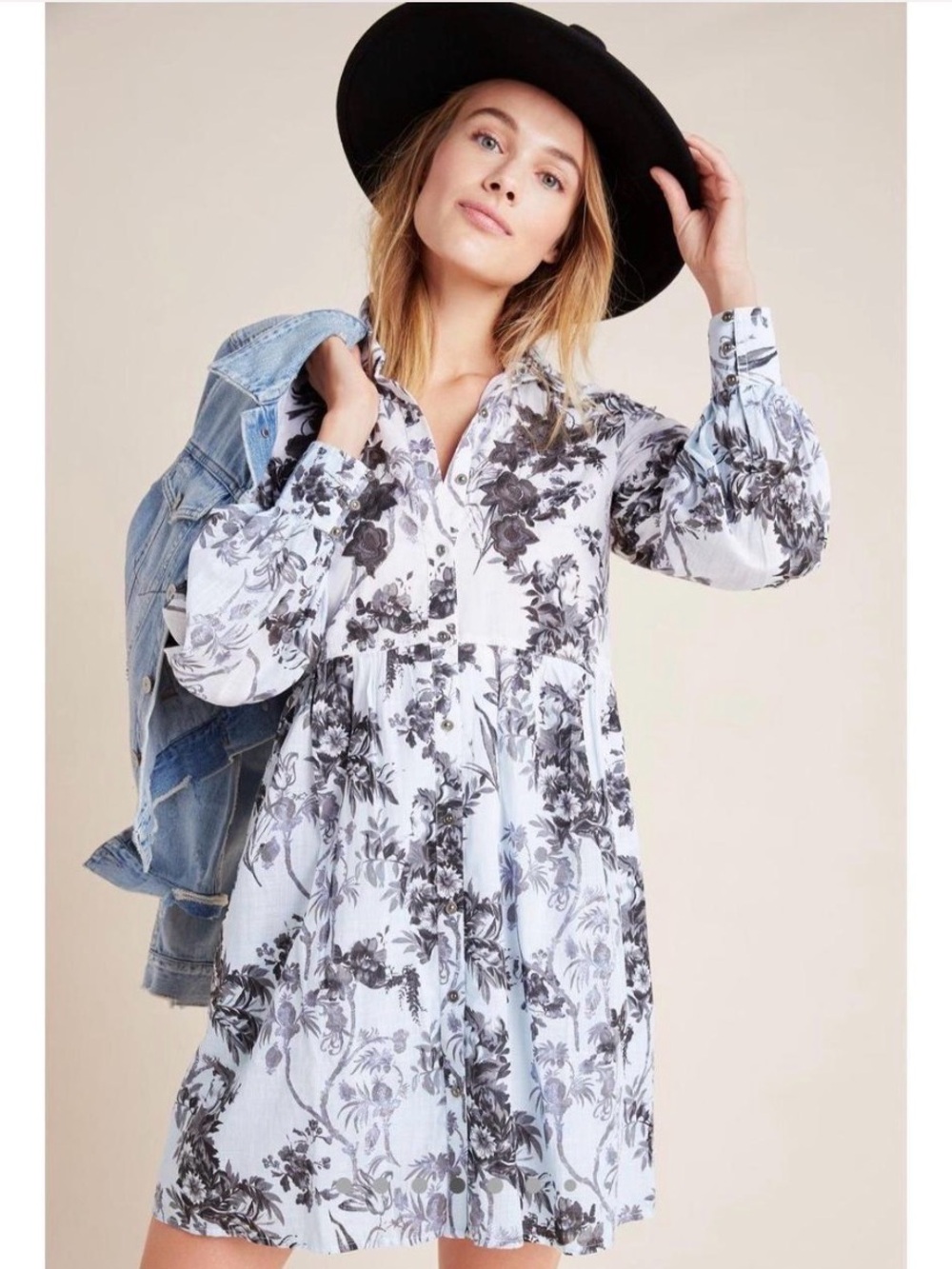 Anthropologie Lavinia Blue White Floral Cotton Shirt Dress Size 14